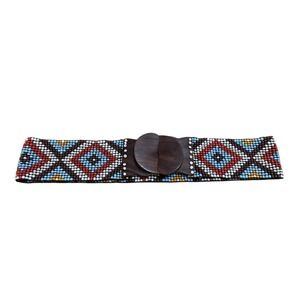 Boho Beaded Belt with Wood Buckle Colorful Diamond Pattern Waist‎ Belt